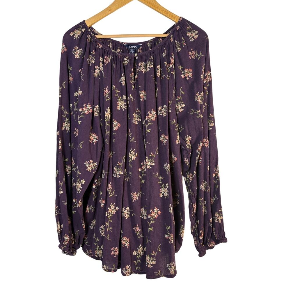 Chaps Purple Floral Peasant Blouse Long Sleeve Boho Cottagecore Keyhole Top 2X